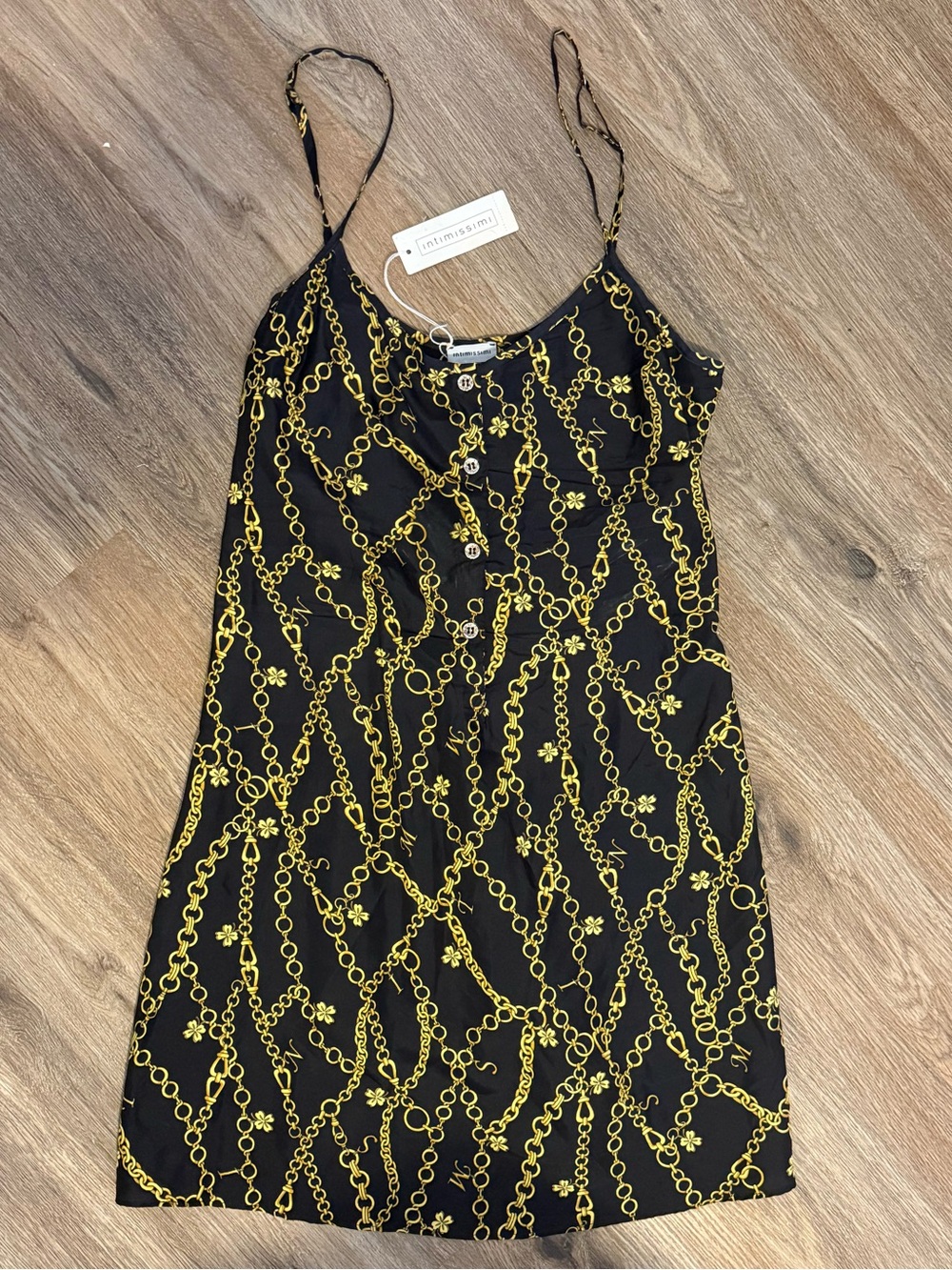 Intimissimi Black Slip Dress with Gold Chain Print